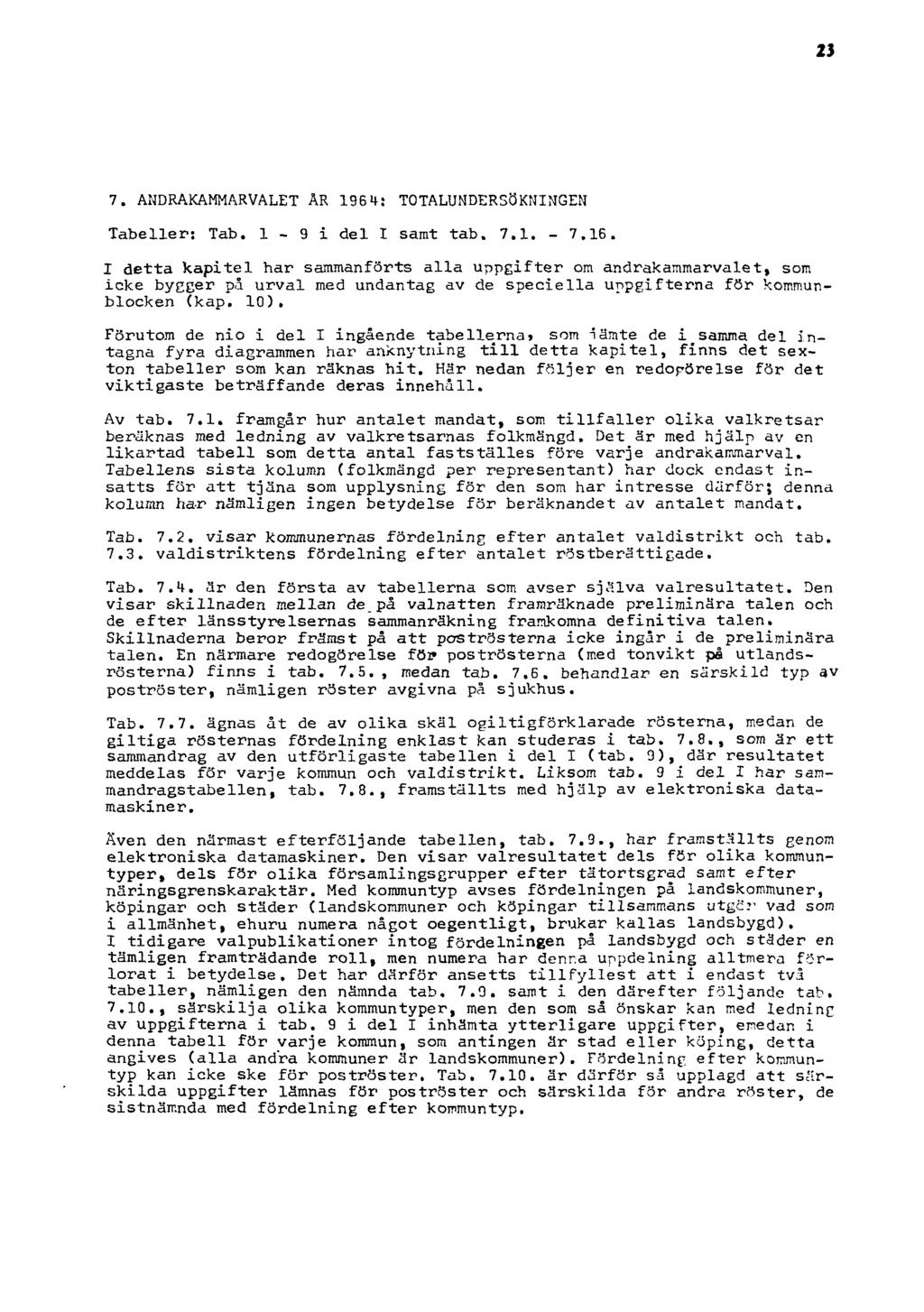 23 7. ANDRAKAMMARVALET ÅR 1964: TOTALUNDERSÖKNINGEN Tabeller: Tab. 1-9 i del I samt tab. 7.1. - 7.16.