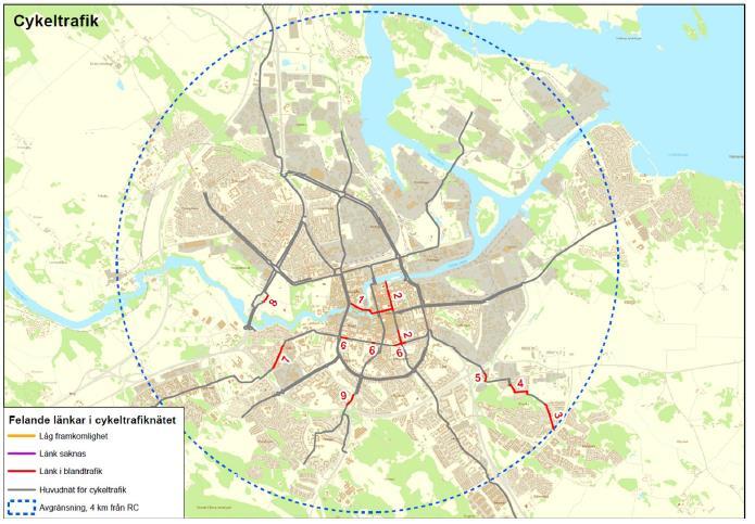15 (38) I Figur 7 nedan presenteras de nio felande länkarna där cykling sker i blandtrafik. Figur 7. Felande länkar cykel i blandtrafik.