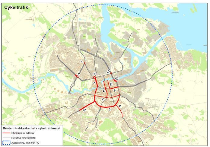 18 (38) Punkter och avsnitt med hög olycksrisk Analysen av inträffade cykelolyckor under 2013-2015 visar att det finns sträckor och korsningar som är speciellt olycksdrabbade för cykel.