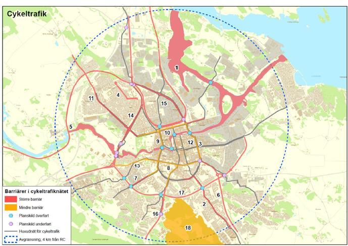 20 (38) Figur 13. Barriärer för cykeltrafiken inkl. befintliga planskilda över-/underfarter för cykeltrafiken.