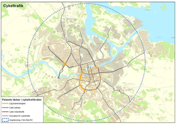 22 (38) Figur 15. Stråk med låg framkomlighet för cykeltrafiken.