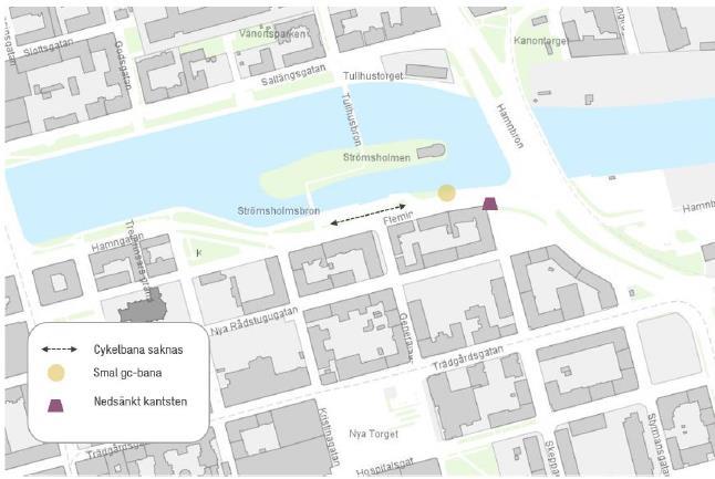 24 (38) PM Förstudie Fleminggatan Idag saknas ett sammanhängande cykelstråk längs med Fleminggatan mellan Hamnbron och Saltängsbron vilket begränsar cyklisters framkomlighet på sträckan.