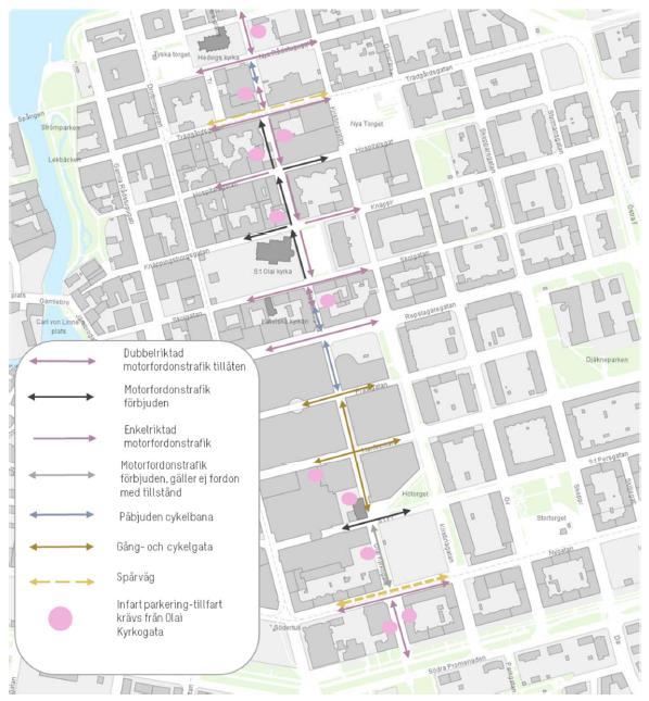 26 (38) PM Förstudie Olai Kyrkogata Regleringen på gatorna i centrum varierar stort, både längs Olai Kyrkogata men också i övriga centrum.