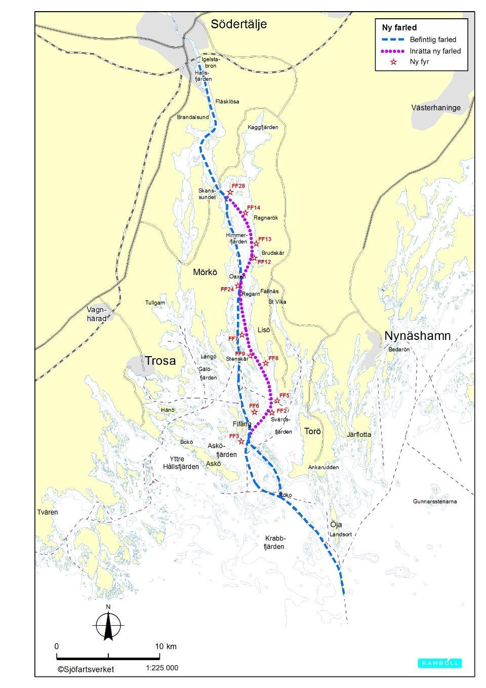 Figur 2-1 Inrättande av ny farled (lila) respektive fördjupning av befintlig farled