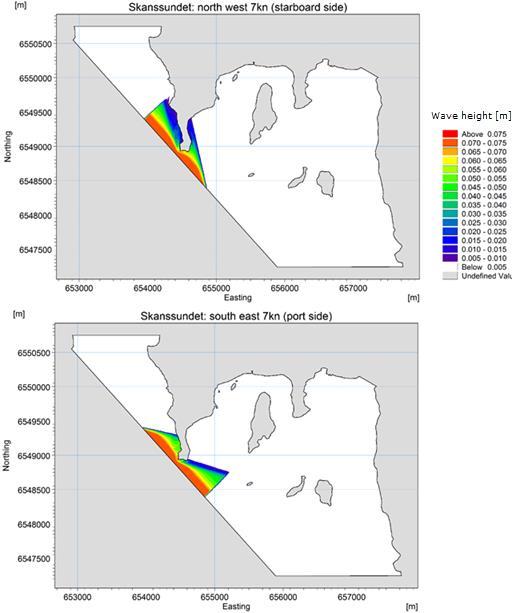 Resultat Figur 4-10 Höjden på svallvågorna, som träffar norra stranden, från ett framtida containerfartyg vid 7 knops fart i nordvästlig riktning (överst) och sydostlig riktning