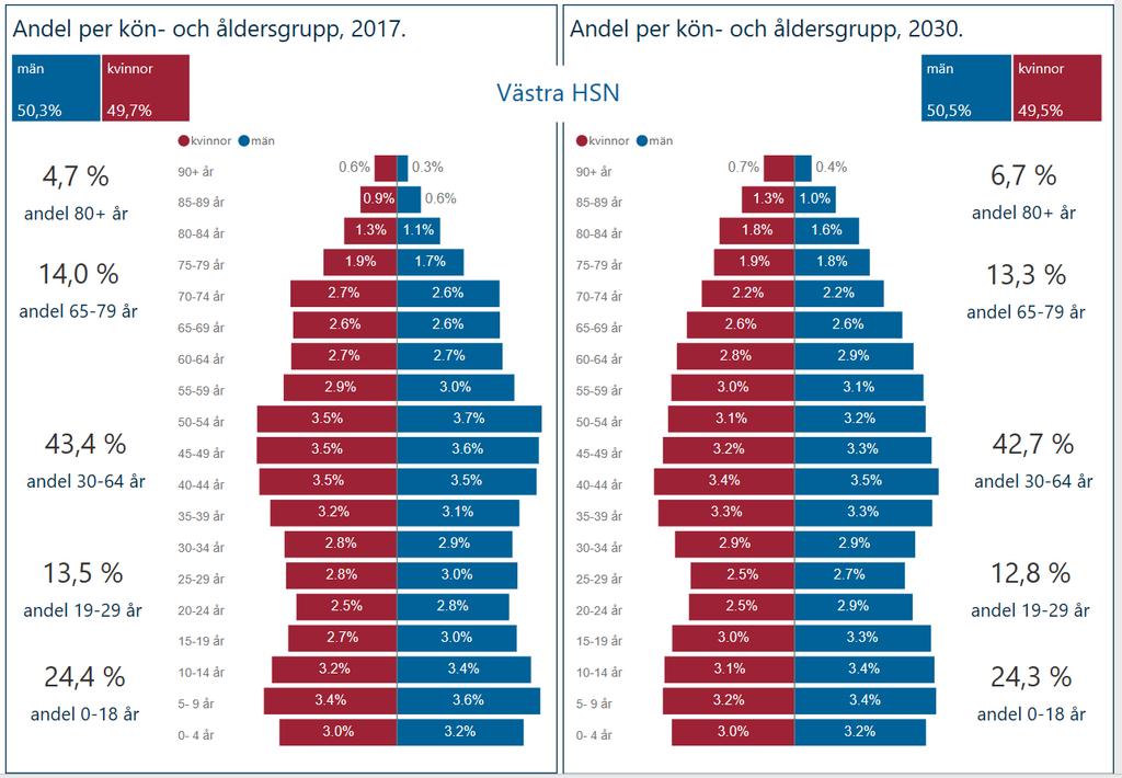 Demografisk sammansättning 2017 och 2030 Andelen äldre (80+) ökar