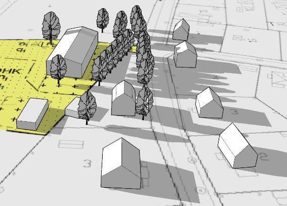 14(16) En bild från solstudien som visar att fastigheterna längs Villagatan skuggas mer av befintliga träd än vad de skulle göra av en ny byggnad som uppförs enligt detaljplaneförslaget.