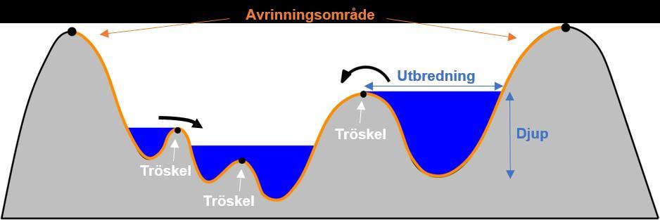 Figur 3.1 Visualisering av beräkningsmetodik i SCALGO Live. Mängden vatten som terrängen belastas med rinner till närmsta lågpunkt.