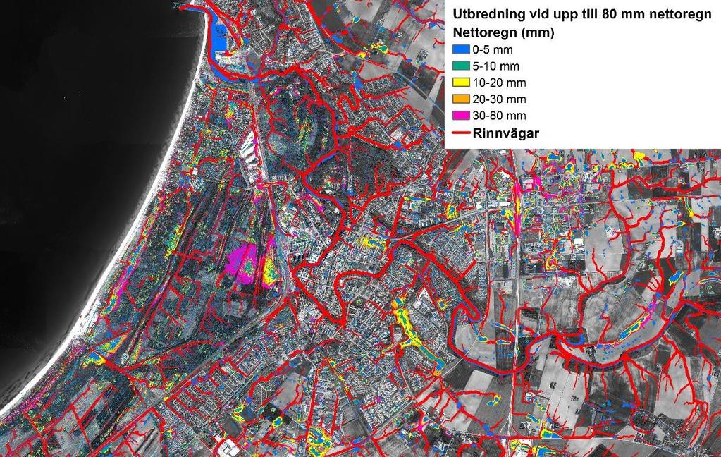 4.3 Översvämningsutbredning Figur 4.3 visar översvämmade områden när upp till 80 mm vatten rinner av på ytan (tidigare i rapporten benämnt nettoregn).