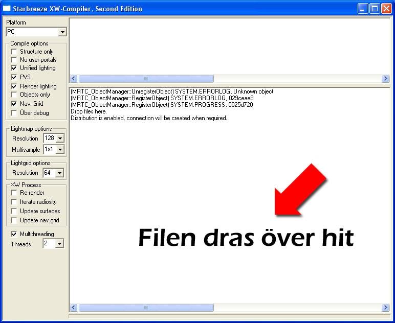 3.7 Kompilering För att göra banan spelbar måste man köra den igenom ett program som heter XWCompiler. Den beräknar ljuset, skuggorna och klipper bort allting som inte behöver synas i spelet, t.ex.
