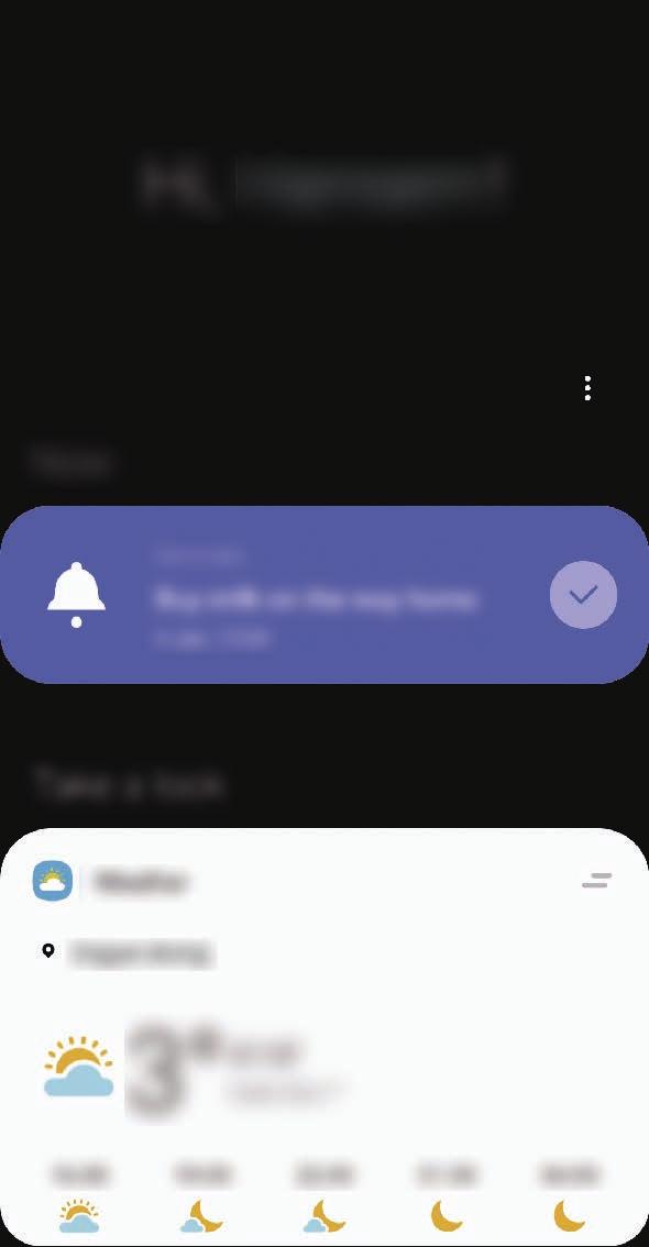 Appar och funktioner Bixby Home På skärmen Bixby Home kan du visa rekommenderade tjänster och information som Bixby tillhandahåller genom att analysera dina användningsmönster och rutiner.