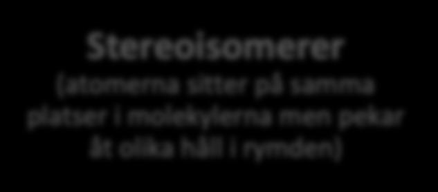 Olika typer av isomerer Kedjeisomerer Isomerer: Isomerer är ämnen som har samma summaformel/molekylformel men där molekylstrukturen skiljer sig åt (och därmed även egenskaperna).