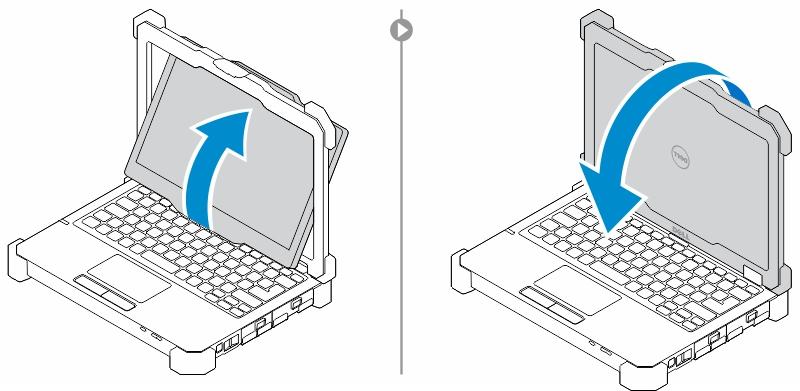 Tryck försiktigt på bildskärmspanelen i riktningen som visas för att lossa bildskärmen från bildskärmsramen. b. Rotera bildskärmen 180 grader tills den klickar på plats.