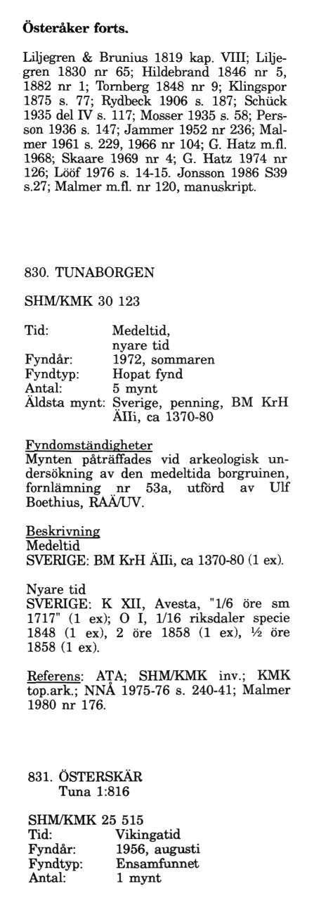 Österåker forts. Liljegren & Brunius 1819 kap. VIII; Liljegren 1830 nr 65; Hildebrand 1846 nr 5, 1882 nr 1; Tornberg 1848 nr 9; Klingspor 1875 s. 77; Rydbeck 1906 s. 187; Schiick 1935 del IV s.