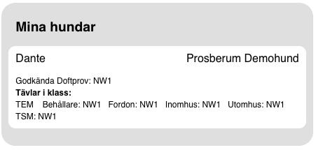Mina hundar samt tillhörande resultat, doftprov och aktuella klasser Sammanställning över ekipagets (du som förare och din hund) resultat.
