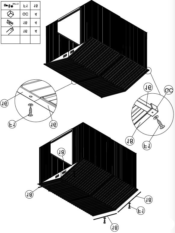 Steg 10 Montera takpanelernas kantlistor (16) och (18) på plats. Lås delarna med skruvar (F1) samt brickor.