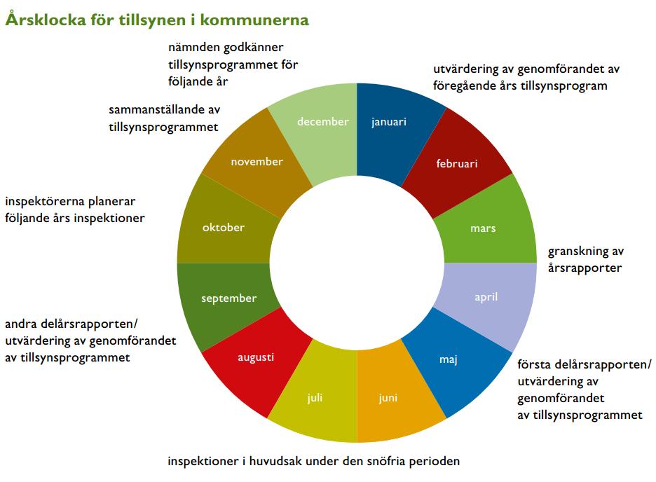 2.4.4 Kommunernas årsklocka för tillsynsarbetet 32 Genom att planering, utförande och utvärdering av miljövårdsmyndighetens tillsyn tas med som en del av kommunens normala årliga rutiner, kan man i