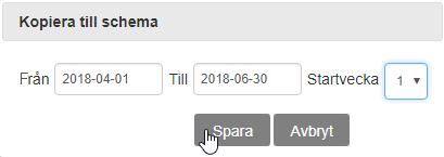 Kopiera grundschema till schema För att göra grundschemat en del av schemat klickar du på Kopiera till schema. välja från vilken vecka schemat startar på.