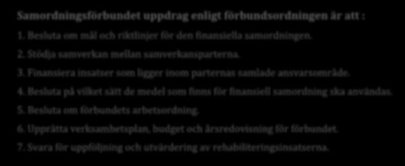 Verksamheter som finansierar ska komplettera medlemmarnas ordinarie verksamhet. Samordningsförbundet uppdrag enligt förbundsordningen är att : 1.