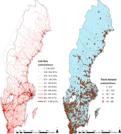 Fig. 1. Länkflöden (vänster) och reseefterfrågan (höger) för Sveriges vägtrafik (fordon per timme). Källa: Jenelius och Mattsson (2015) Fig. 2.