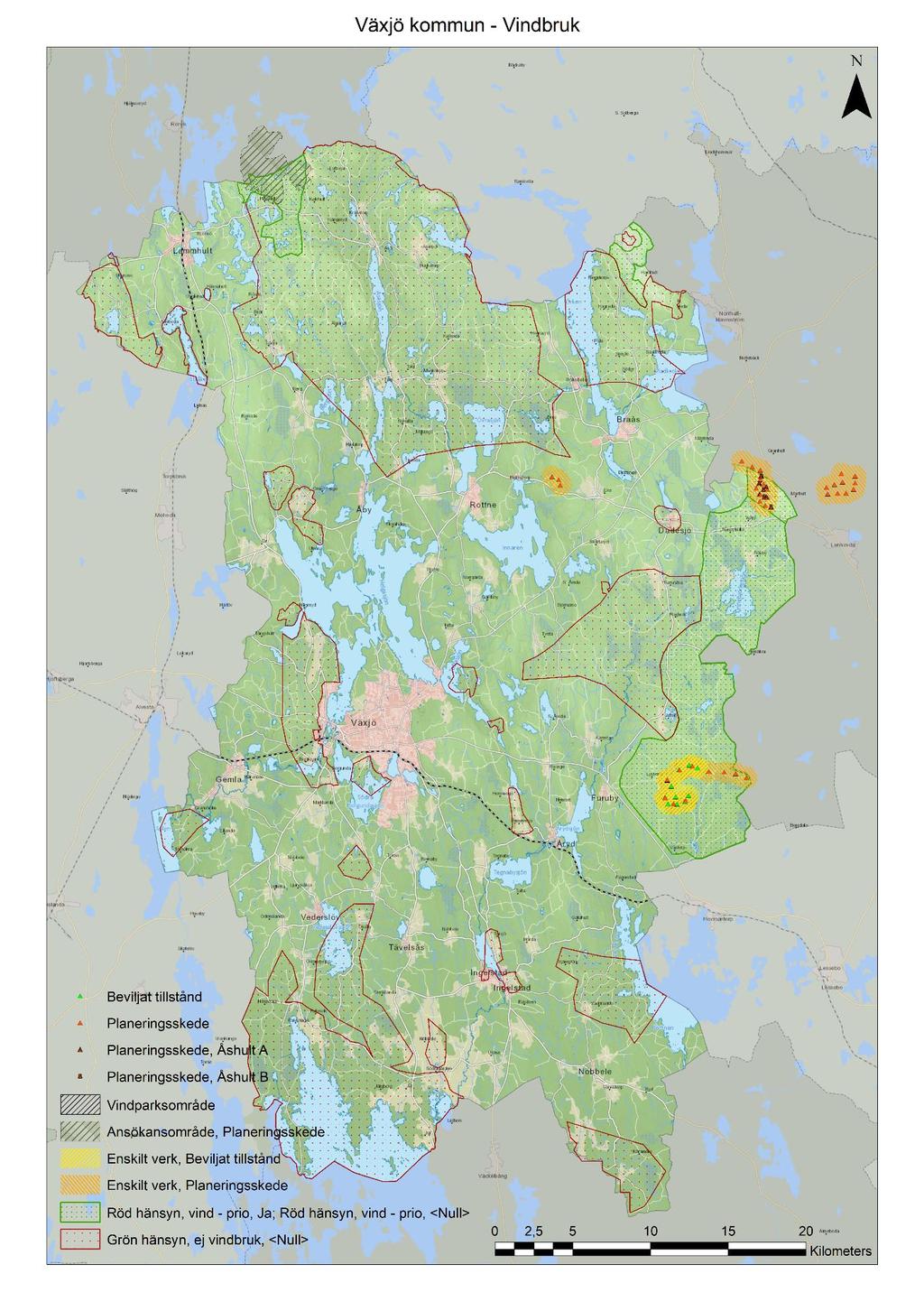 Tematiskt tillägg Vindbruksplan 2011 miljötillstånd beviljats till 9 vindkraftverk, max höjd 190m miljötillstånd beviljats till 3 vindkraftverk, max höjd 210m