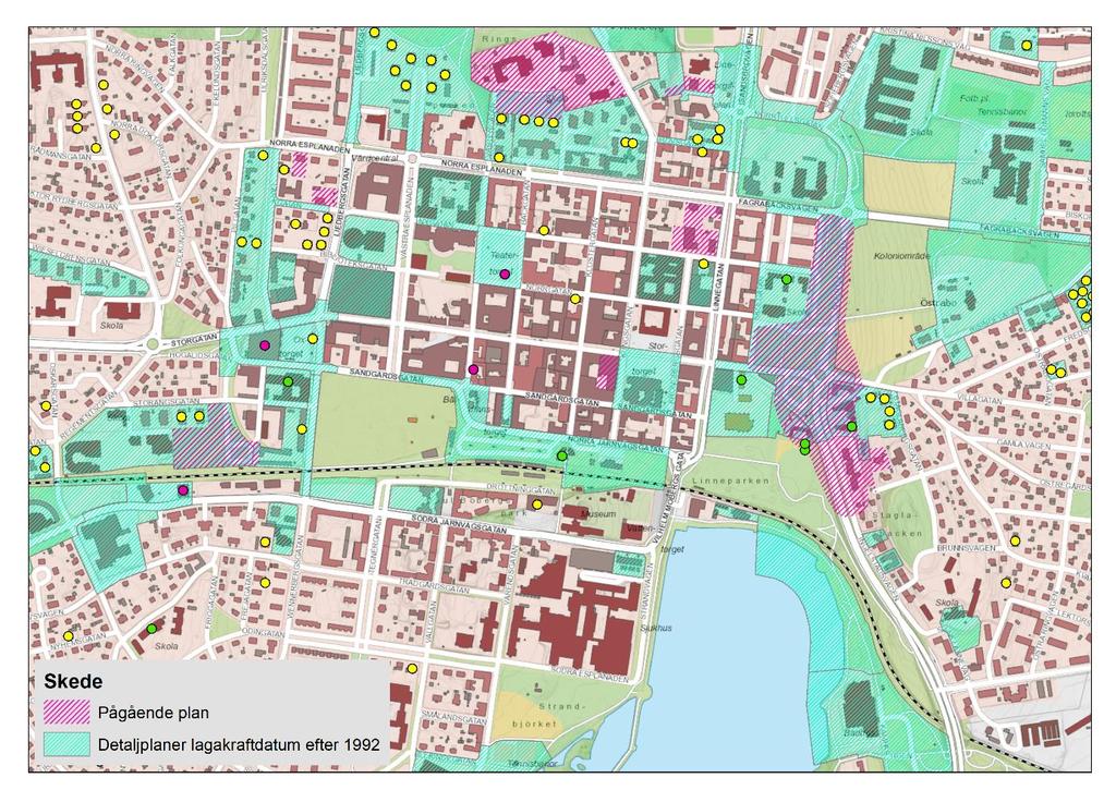 Växjö stad, Rutnätsstaden (FÖP 1992) 2002 antogs DP 2017 antogs DP (centrum) (bostäder, centrum) 2004 byggdes bostäder 2014 byggdes bostäder 2016 antogs DP