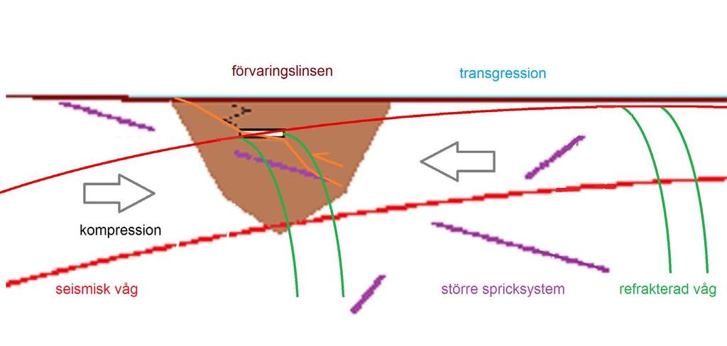 Section Sektion parallell to med shear skjuvzonen deposition lens compression seismic wave large fracture systems refracted wave 1 - en a compressional kompressionslins shear deformeras lens is genom