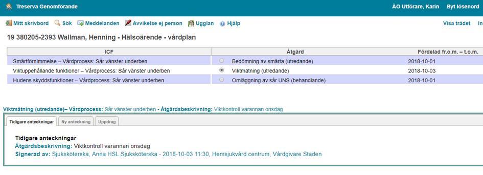 Den information som visas för utförarpersonalen är ICF sökorden i detta fall Smärtförnimmelse, Viktuppehållande funktioner och hudens skyddsfunktioner.