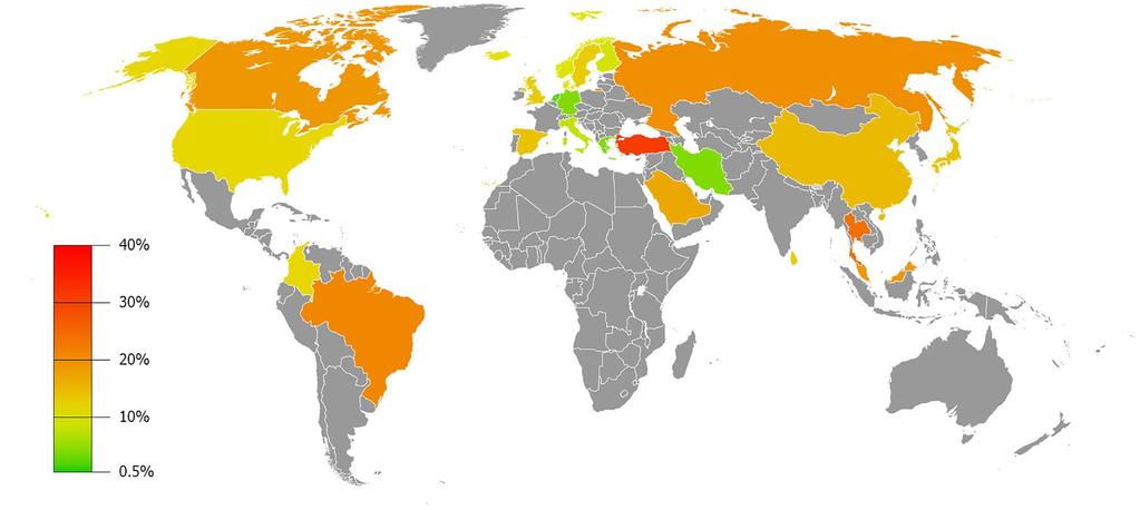 Prevalens globalt - barn Geographic distribu/on of func/onal abdominal pain in children,