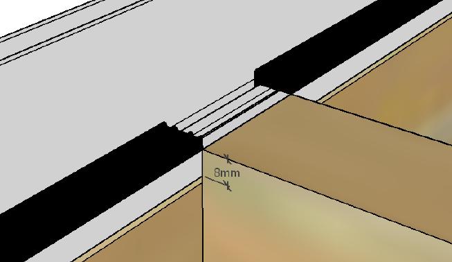 Tvärskarvsprofiler, undre (vid 2- och 3-delat) Se till att tvärregeln i trä är skråskruvade in i takstolen med 5x80 mm spax. Tvärregeln ska ha en nivåskillnad på 8mm högre än takstolen.