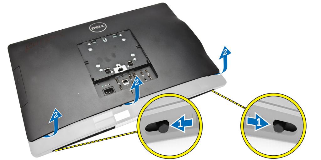 Installera det bakre höljet 1. Rikta in det bakre höljet med dess ursprungliga plats i datorn. 2. Håll spärrarna på båda sidorna för att säkra det bakre höljet till datorn. 3.