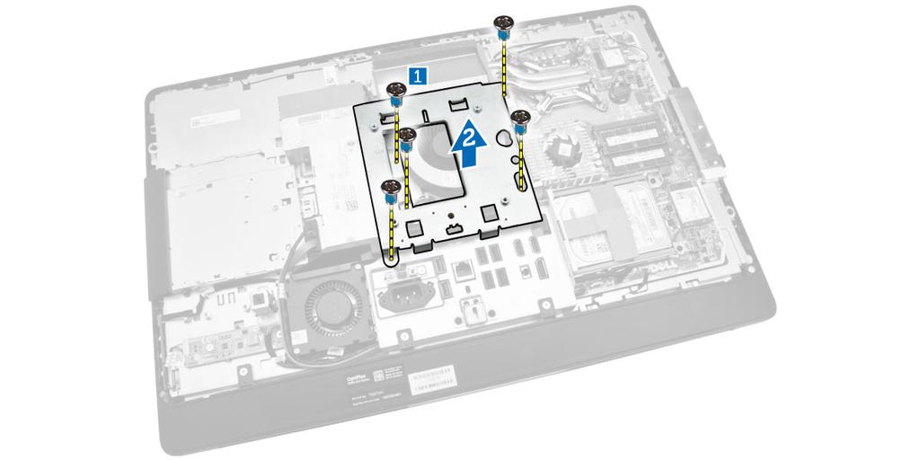 Installera VESA-monteringsfästet. 1. Rikta in och sätt fästet på plats på baksidan av datorn. 2. Dra åt skruvarna som håller fast VESA-monteringsfästet i datorn. 3. Installera: a. det bakre höljet b.