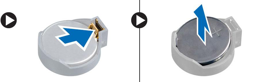 Ta bort knappcellsbatteriet 1. Följ anvisningarna i Innan du arbetar inuti datorn. 2. Ta bort: a. VESA-stativet b. det bakre höljet c. skyddet för moderkortet 3.