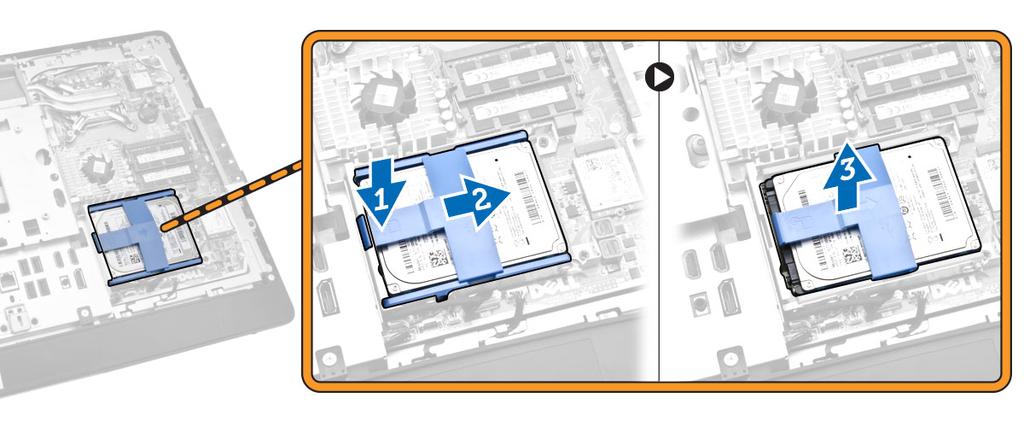 5. Utför följande steg som visas i illustrationen: a. Ta bort skruvarna som håller fast hårddisklådan i datorn [1]. b. Lyft bort hårddisklådan från datorn [2].