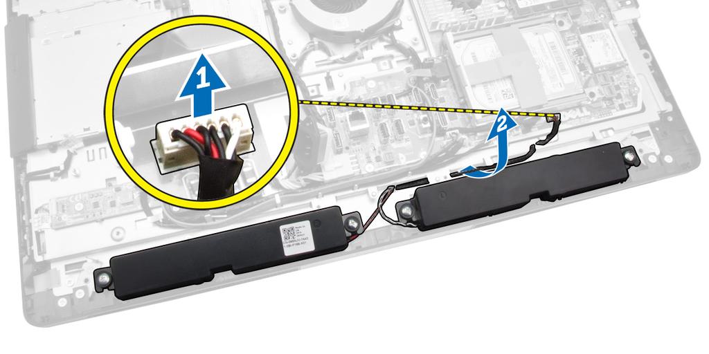 4. Ta bort skruvarna som håller fast högtalarna i chassit. Lyft bort högtalarna från datorn. Installera högtalarna 1. Rikta in och sätt högtalarna på plats i chassit.