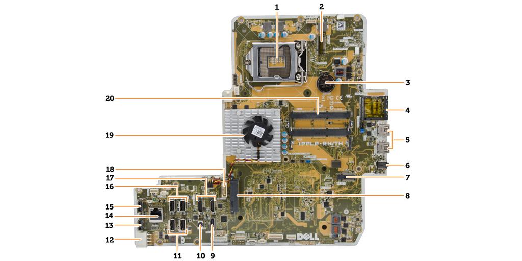 datorn. 1. processorsockel 2. WLAN-kontakt 3.