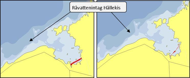 Partiklars utsläppspunkt Partiklars spridning under 24 timmar Figur 14. 24 timmars spridning av tung olja simulerad med hjälp av SeaTrack Vänern (2013-12-03 i vänster och 2013-11-20 i höger).