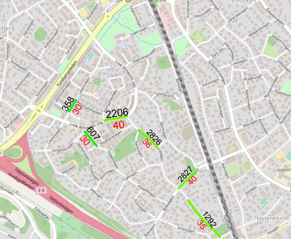 4.2 Resultat 4.2.1 Översikt I kartan nedan sammanställs resultaten från hastighets- och trafikflödesmätningarna. Svarta siffror visar vardagsmedeltrafik och röda siffror medelhastighet.