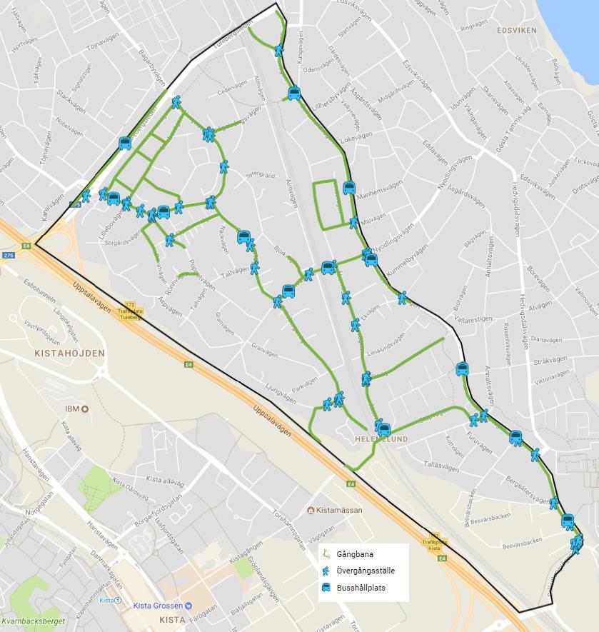 Figur 6-1 Karta över platser och sträckor med busshållplatser, övergångsställen och gångbanor. 6.2.1 Hastighetsgränser Hastighetsgränsen i Helenelund är generellt mellan 30 40 km/h.
