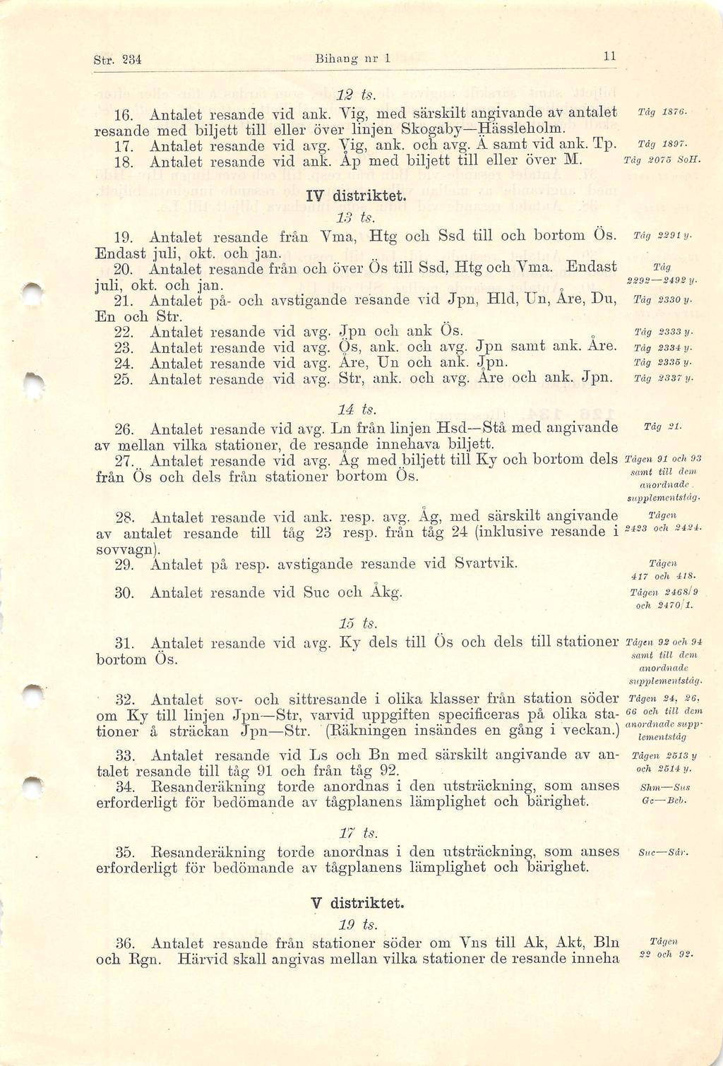 J Str. 4 Bihang nr 1 11 1 ts. 16. Antalet resande vid ank. Vig, med särskilt angivande av antalet Tåg is76. resande med biljett till eller över linjen Skogaby Hässleholm. 17. Antalet resande vid avg.