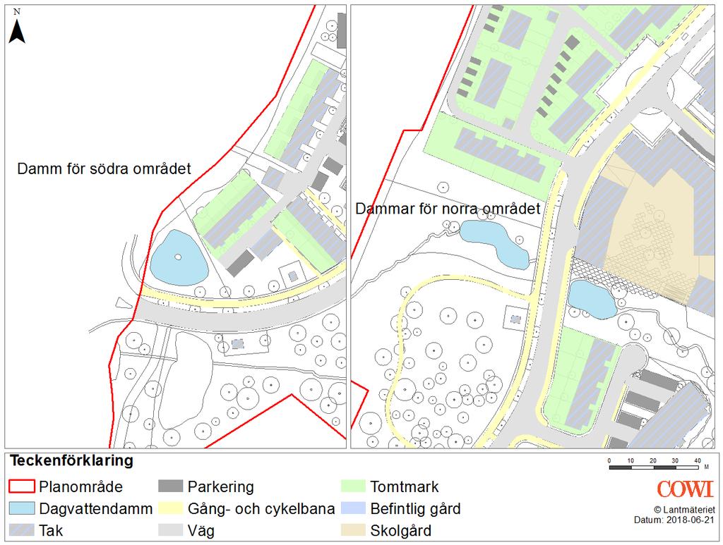 16 DAGVATTENUTREDNING 5 Utformning av dagvattendammar och ledningsstråk Förslag på ledningsstråk inom planområdet efter exploatering samt anslutningar för de nya dammarna visas i Figur 7.