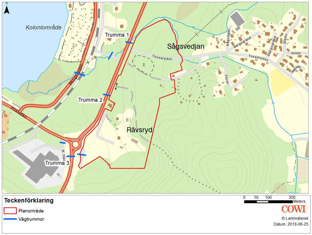 18 DAGVATTENUTREDNING 6 Vägtrummor Kapaciteten hos de trummor som leder vatten från planområdet och under riksväg 42 har undersökts, trumma 1-3.