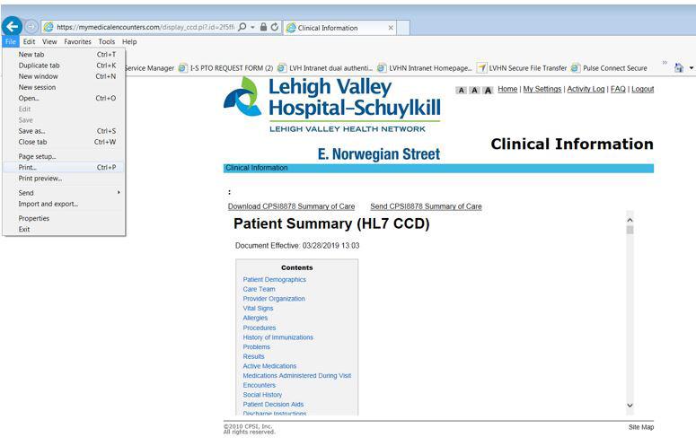 You can also download the document to your device using the Download Summary of Care option and then print the downloaded document.