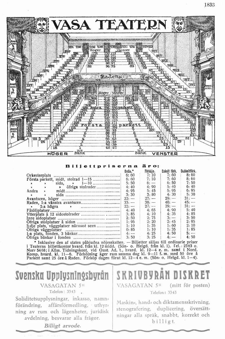 Orkesterplats... Första parkett, midt, stolrad 115... sida. 110.... öfriga stolrader... Andra x midt... sida... Avantscen, höger... Raden, I:a vanstra avantscen... 1. 2:a högra...' l Fåtöijplatser.