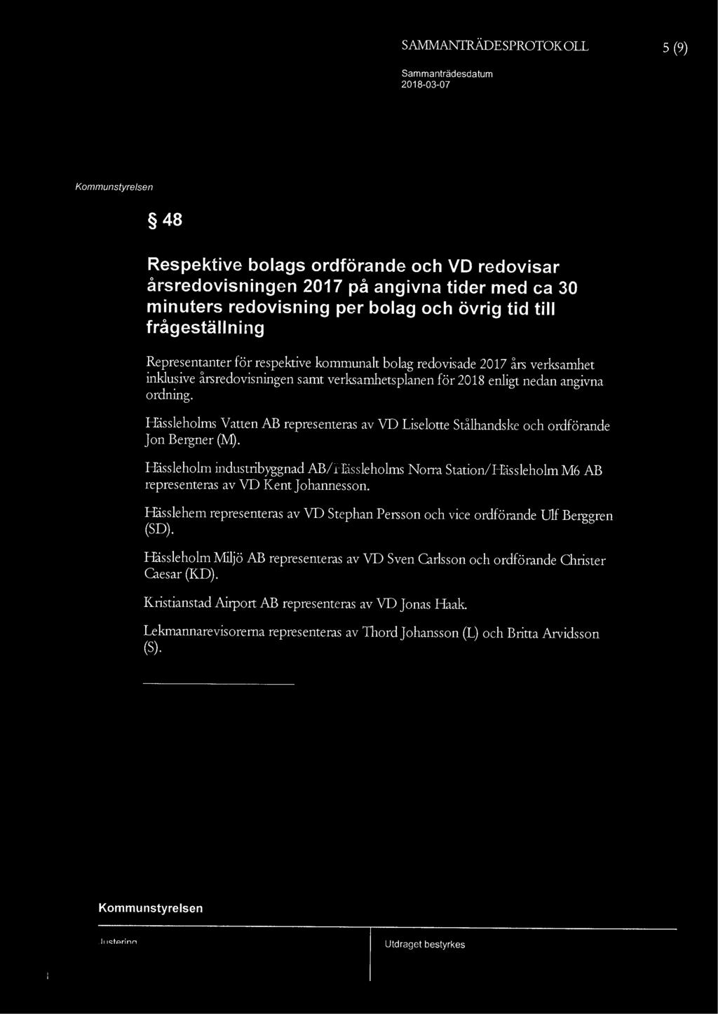 5 (9) 48 Respektive bolags ordförande och VD redovisar årsredovisningen 2017 på angivna tider med ca 30 minuters redovisning per bolag och övrig tid till frågeställning Representanter för respektive