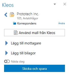 Valt ärende visas. Klicka på < för att välja ett annat ärende. Kleos för Outlook föreslår en mapp där mailet kommer att sparas. (klicka på Ändra om du vill spara mailet i en annan mapp).
