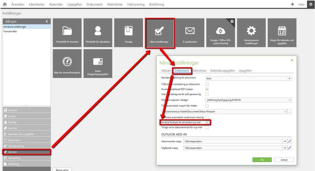 2 E-post: Använd Outlook för hantering av mail i Kleos Kleos har tidigare använt en intern mailklient för att skapa nya mail. I Kleos 6.5 har du nu möjligt att ange Outlook som standard.