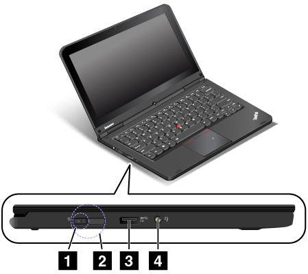 Vänster sida Anm: Din dator kan skilja sig något från bilden i det här avsnittet. Bild 3. Vänster sida 1 Strömkontakt 3 Always-on USB-port (USB 3.