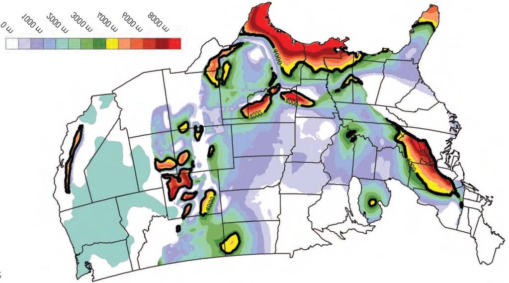 Figure 2. Sediment Thickness Map of the US (MIT, 2006). Petroleum drilling costs have decreased to the point where boreholes are now routinely drilled to multi-kilometer depths.