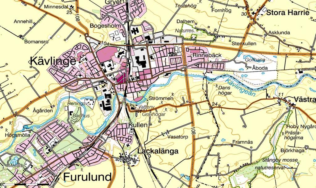 N N Figur 1. 1:24 Översiktskarta Kävlingeån; röd pil visar lokalen där inventeringen utfördes. Allmänt om Kävlingeån Kävlingeåns avrinningsområde upptar en yta av totalt 1200 km 2.